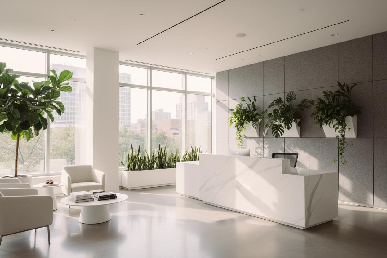 Clean modern office lobby with reception desk and plants
