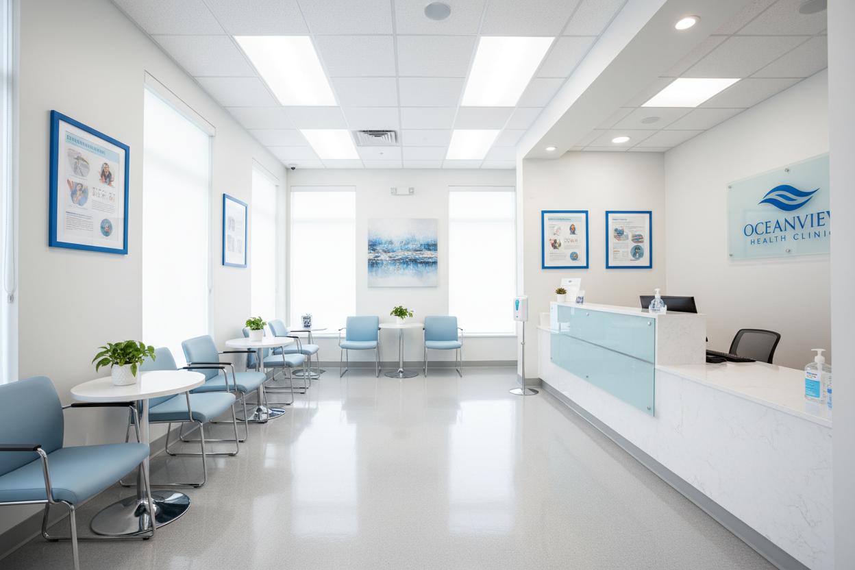 Clean medical office waiting room with sanitizing stations