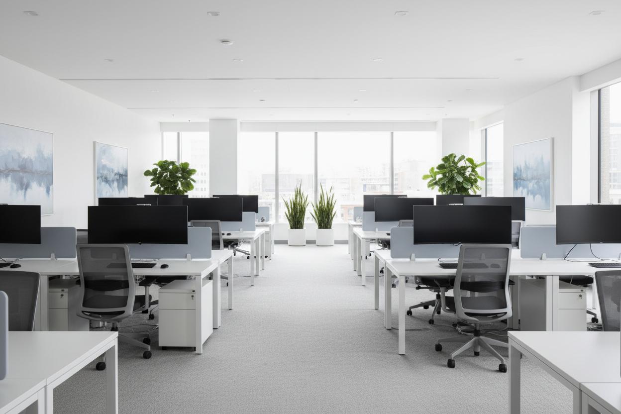 Clean open plan office workspace with desks and computers