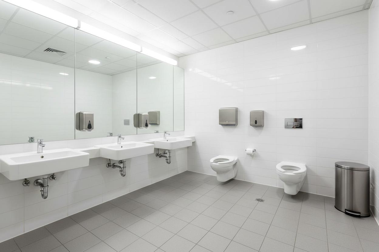 Spotlessly clean commercial restroom with white fixtures